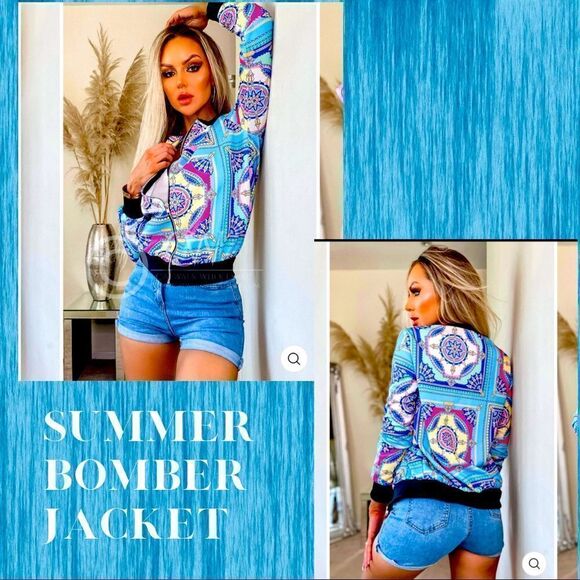 💼Light Wear Summer Bomber Jacket, Paisley Chain Print, Zip Front - Picture 1 of 13